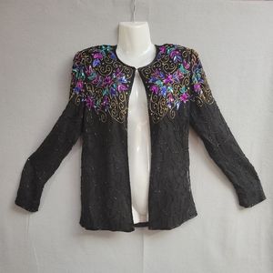 Vintage 1980s JMD New York Silk beaded Jacket Black Purple Sequins